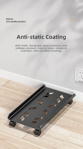 Detail of metal CPU stand with locking wheels and geometric ventilation pattern