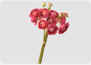 Close-up of rose pink ranunculus bouquet with buds and natural twine binding details