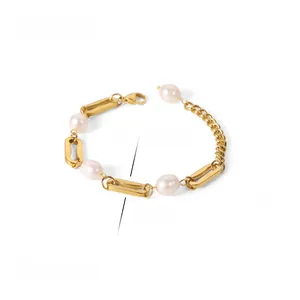 Detail of 18K gold plated Cuban chain and baroque freshwater pearls with dimensions