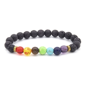 Chakra natural lava stone bracelet with tiger eye beads and golden metal spacers