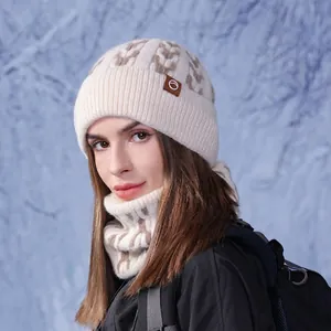 Women Winter Knitted Beanie Hat And Neck Warmer Scarf Fleece Lined Warm Windproof Outdoor Skiing Jacquard Acrylic