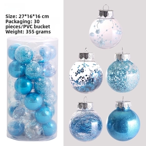 Detail view of 6cm blue Christmas baubles with glitter and sequins in a 30pcs set