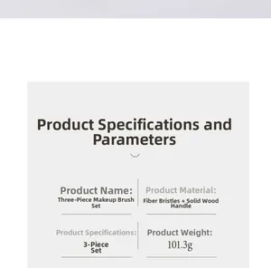 Specifications of 3-piece makeup brush set with synthetic fiber and solid wood handle