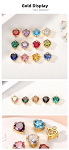 Macro shot of multi-color heart-shaped cubic zirconia charms with 18K gold plated prong setting