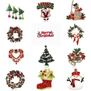 Christmas Brooches Pin Alloy Enamel Colorful Rhinestones Santa Snowman Tree Xmas Holiday Jewelry Festival Novelty Gift