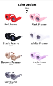 Detailed grid showing seven colors of plush faux fur round oversized sunglasses