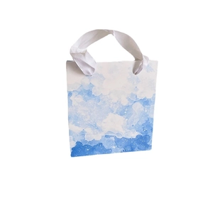 Premium jewelry gift bag with blue and white watercolor cloud pattern and ribbon handle