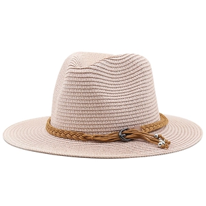 Pink straw fedora sun hat with brown woven band and metallic beads for casual vacation