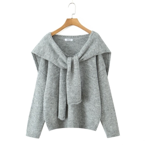 Fashionable grey two-piece knit sweater set with stylish scarf-style shawl tie design