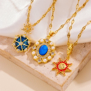Chic gold-plated necklaces with blue star globe, pearl gemstone, and moon sun pendants