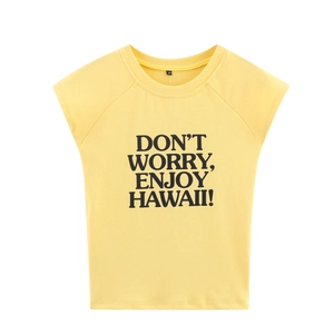 Slim fit bright yellow sleeveless cotton T-shirt with Hawaii slogan print on white background