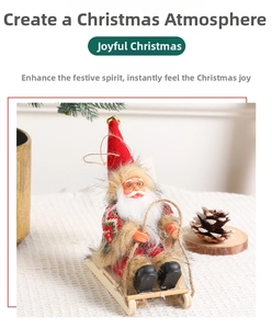 Detail of Santa Claus in knitted coat on wooden sleigh with pine cone decor