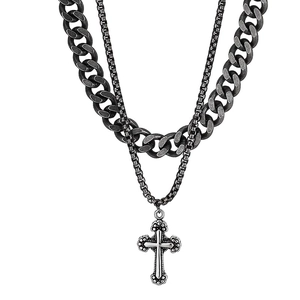 Double-layered stainless steel necklace featuring a cross pendant and chunky cuban chain