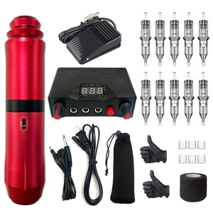 Complete tattoo kit with red rotary machine pen, power supply, and assorted needles