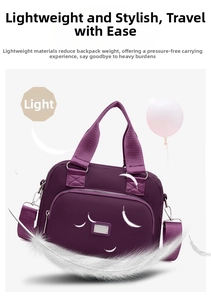 Detail of lightweight purple nylon bag with silver hardware and detachable strap on feathers