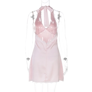 Detailed view of pink satin halter nightdress with white lace trim on a transparent mannequin