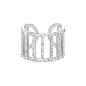 Luxurious S925 sterling silver open ring with vertical hollow design and full diamond pavé
