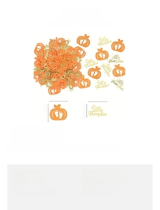 Detail showing orange pumpkin confetti and golden Little Pumpkin lettering party decor