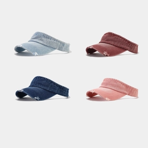 Washed Denim Sun Visor Hat Distressed Frayed Topless Adjustable Casual Outdoor Streetwear UV Protection Breathable