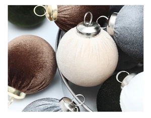 Macro shot of 6cm and 8cm velvet Christmas balls with plush texture and metal rings