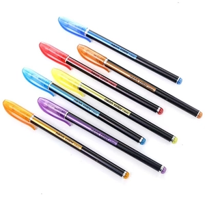 Set of 7 colorful 1.0mm neon glitter gel pens arranged in a fan shape on a white background