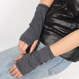 Striped fingerless knit arm sleeves in dark grey with thumb hole design for cosplay