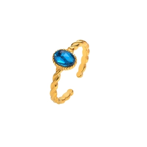 Twisted gold titanium steel open ring featuring a sparkling oval blue zircon stone