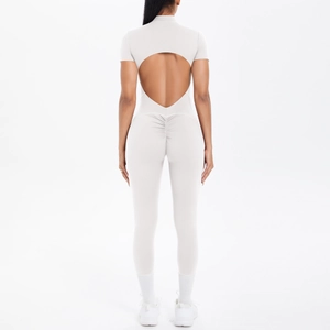 Close-up of women's open back yoga jumpsuit with scrunch butt lifting detail