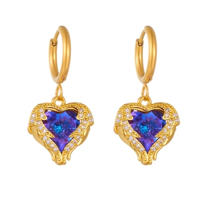 Golden heart wing earrings with blue-purple gradient crystal and white zircon accents