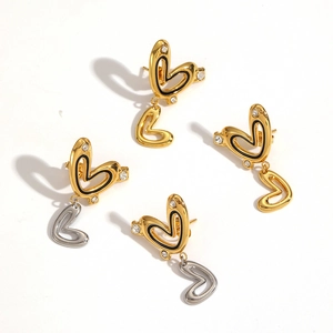 Minimalist double heart stud earrings with rhinestones in gold and silver finish
