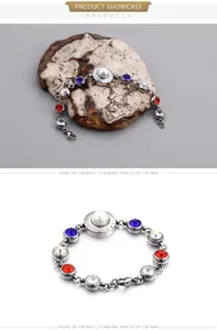 Macro detail of silver charm bracelet with large white pearl and colorful faceted crystals
