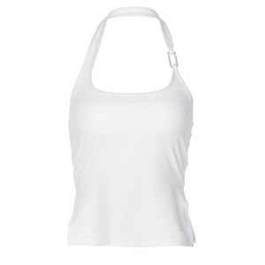 Détail de la découpe latérale sur ce haut blanc dos nu ajusté pour femme
