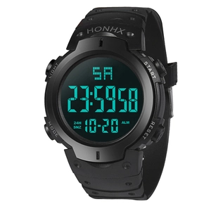 Detailed view of digital sports watch display with calendar, alarm and backlight functions