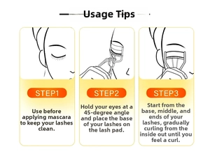 Three-step tutorial showing how to use the stainless steel eyelash curler effectively