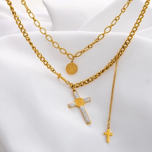 Double-layered gold stainless steel necklace with Saint Benedict medal and crystal cross