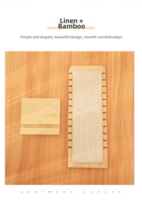 Detailed view of bamboo and linen jewelry display stand with natural wood grain texture