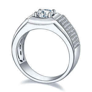 Men's S925 sterling silver ring featuring a round cut moissanite and pave accents