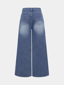 Jean taille haute à jambes larges pour femmes avec poches arrière en denim bleu délavé