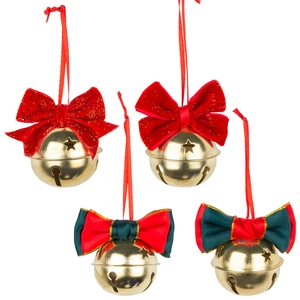 Set of four Christmas bell ornaments with red velvet bows and golden star cutouts