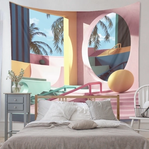 Detail of surreal architecture tapestry with macaron colors in a minimalist bedroom