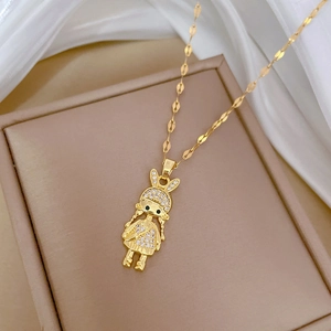 Titanium steel necklace featuring a crystal girl pendant on a gold chain with silk