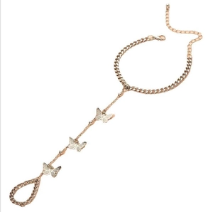Bracelet bague vintage en or rose avec pendentifs papillon et chaîne réglable
