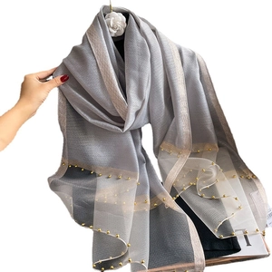 Silver grey mulberry silk shawl with gold beads and camellia hook for women