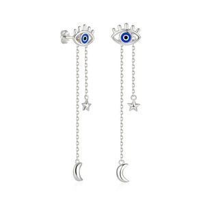 Detail of silver S925 sterling silver evil eye earrings with star moon chain tassels