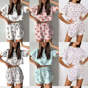 Women Pajama Top And Shorts Eyelet Pointelle Knit Heart Bear Butterfly Print Loungewear Sleepwear Summer