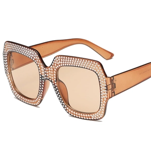 Fashionable oversized amber square sunglasses with luxury micro rhinestone embellishments