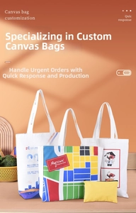 Detailed view of custom canvas tote bags with various prints and a yellow zipper pouch