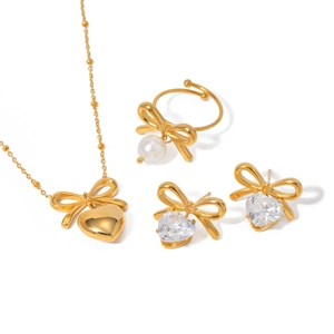 18K gold plated stainless steel jewelry set with bow and heart zircon pendants
