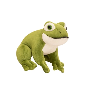 Sitting green frog plush toy with soft texture and realistic details for kids