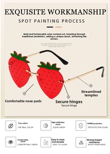 Close-up of strawberry sunglasses featuring red lenses, green leaves, and gold hinges